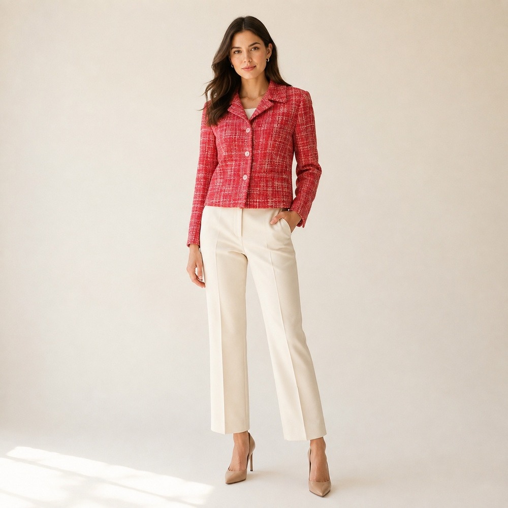 VTG Jones New York 100% Silk Tweed Blazer Red Preppy Old Money Size 8